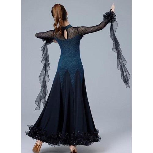 Women girls blue ballroom dance dresses flowy float sleeves waltz tango foxtrot smooth dance long swing gown for female